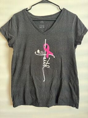 Women’s Dark Gray V-Neck Faith Ribbon Tee with Pink Awareness Ribbon